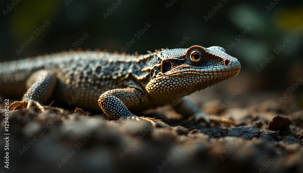 Naklejka premium Brown and Gray Lizard Basking in Sunlight on Dark Soil