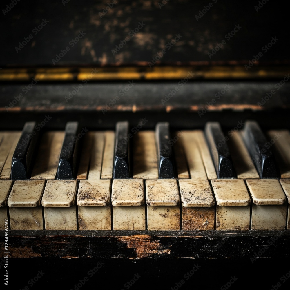 Aged Grandeur: Close-up of an Old Piano's Weathered Keys Reflecting Musical History Aged Grandeur: Close-up of an Old Piano's Weathered Keys Reflecting Musical History