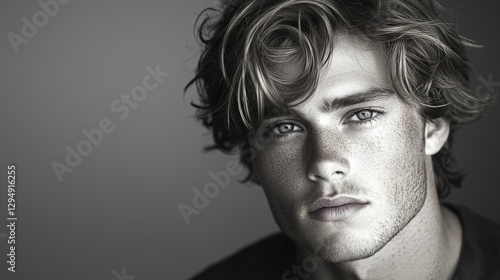 high res portrait showcases man stylish Canadian haircut of short tapered sides and voluminous wavy top set against minimalist backdrop highlights his features.