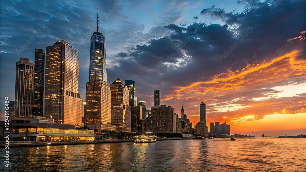 Obraz premium city skyline with towering skyscrapers silhouetted against a dramatic sunset, with vibrant hues of orange, purple, and blue filling the sky.
