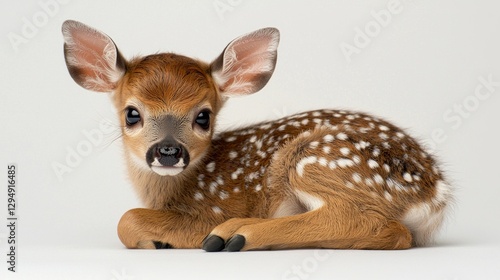 baby deer sits on pristine white background displaying its elegant golden brown coat adorned delicate white spots. Its large dark eyes and elongated legs create fragile appearance.