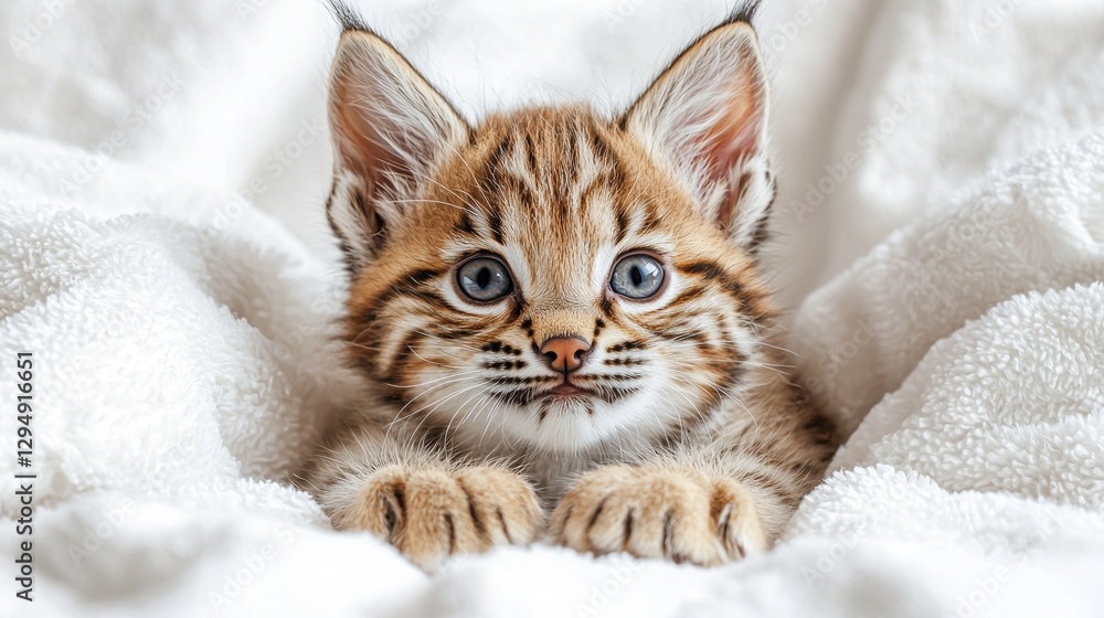 curious lynx kitten gazes large blue eyes its tufted ears perked up. Its soft golden fur features spots and oversized paws hint its future as skilled hunter. curious lynx kitten gazes large blue eyes its tufted ears perked up. Its soft golden fur features spots and oversized paws hint its future as skilled hunter.