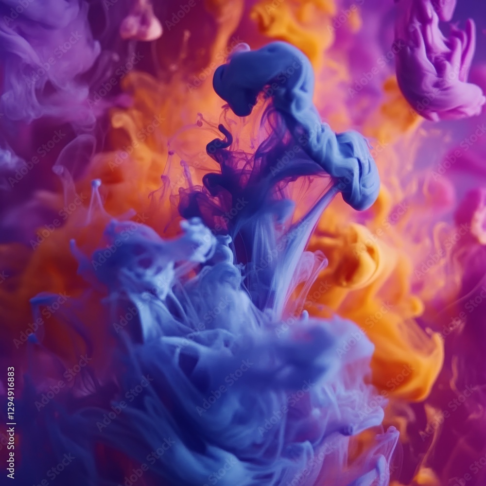 Fototapeta premium Colorful Ink Swirls: An Abstract Dance of Purple, Blue, and Orange Hues in Water - Captivating and Mesmerizing.