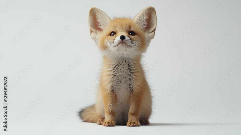 Obraz premium tiny fennec fox cub sits curiosity its large ears twitching as it listens intently in studio setting. soft golden fur adds its adorable charm.