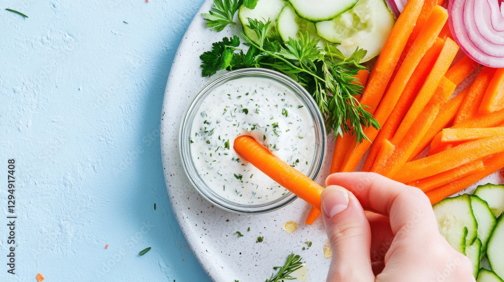 Fresh crudites platter with hand reaching for carrot stick and creamy herb dip Fresh crudites platter with hand reaching for carrot stick and creamy herb dip