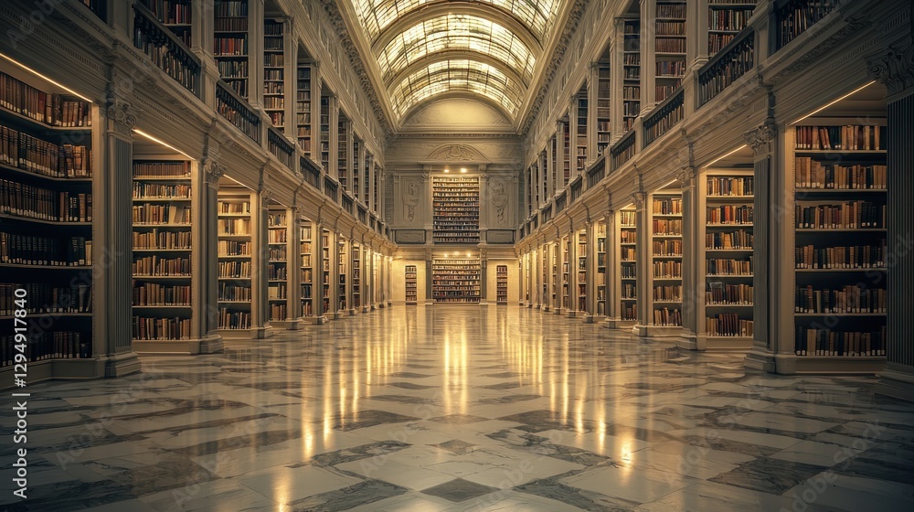 Grand library interior with high ceilings, marble floors, and bookshelves filled with books. Grand library interior with high ceilings, marble floors, and bookshelves filled with books.