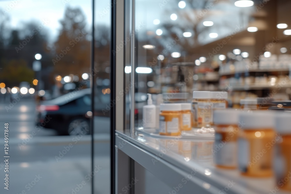 The image captures a close-up view of jars and bottles displayed in a pharmacy window, showcasing modern medicinal products in an urban setting. The image captures a close-up view of jars and bottles displayed in a pharmacy window, showcasing modern medicinal products in an urban setting.