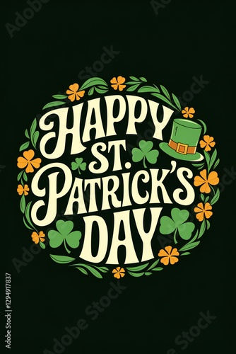 St Patrick's day concept, Saint Patrick's day Holiday, Happy St Patrick s Day Design Festive Irish Holiday Greeting with Shamrocks and Hat
