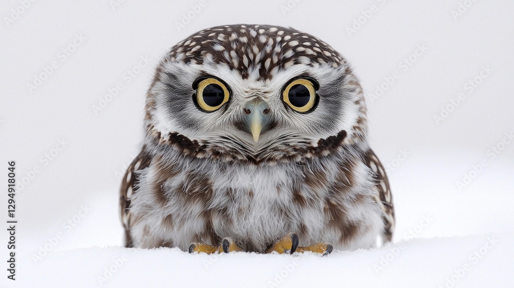 Obraz premium adorable tiny baby owl sits on pure white surface showcasing its fluffy downy feathers and large round golden eyes filled curiosity creating captivating scene of innocence.