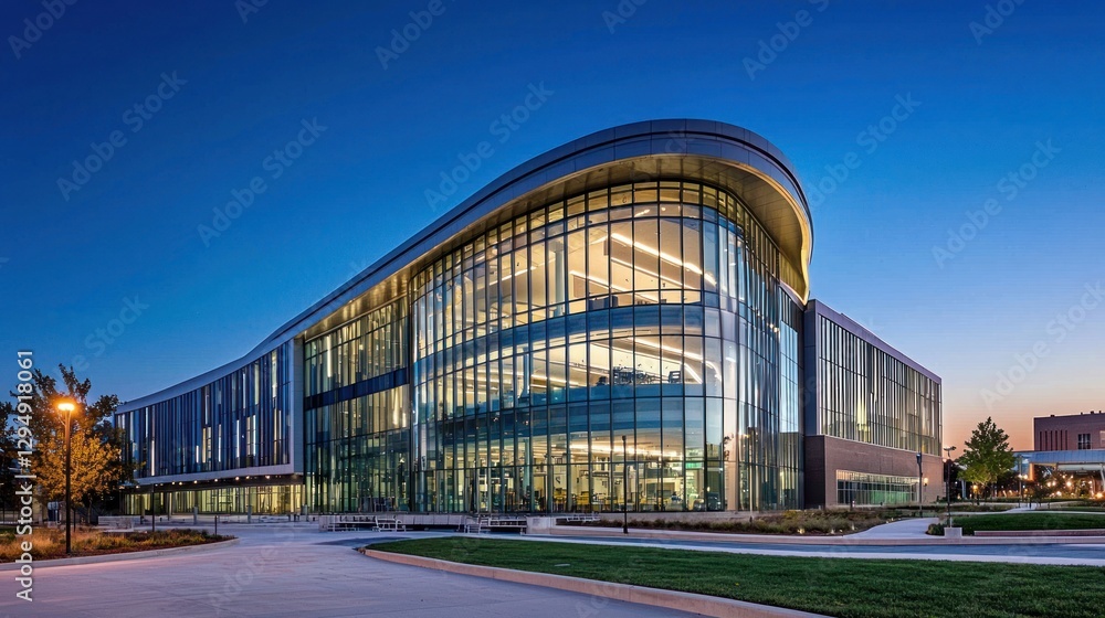 Modern glass building at dusk. Modern glass building at dusk.