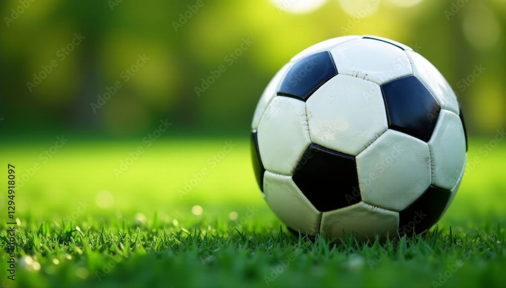 Close-up of football on perfectly marked field, precision, lines Close-up of football on perfectly marked field, precision, lines