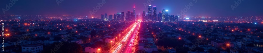 Glowing city skyline, vibrant streetlights below , illumination, design, skyline Glowing city skyline, vibrant streetlights below , illumination, design, skyline