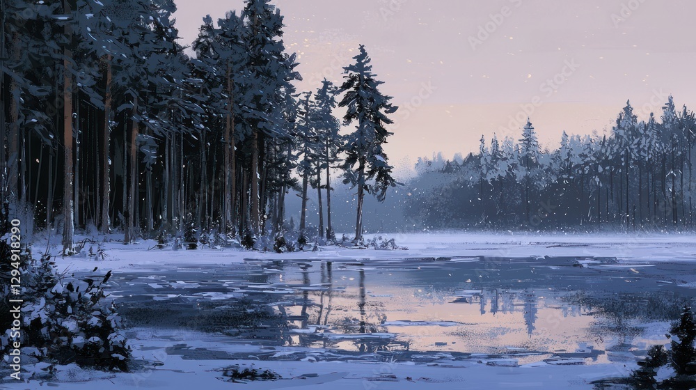 Serene winter landscape with frozen lake and snow-covered pine forest reflecting in still water at dawn. Serene winter landscape with frozen lake and snow-covered pine forest reflecting in still water at dawn.
