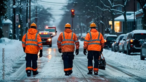 Wallpaper Mural Rescue workers navigate snowy streets during winter storm in urban area while assisting stranded vehicles Torontodigital.ca