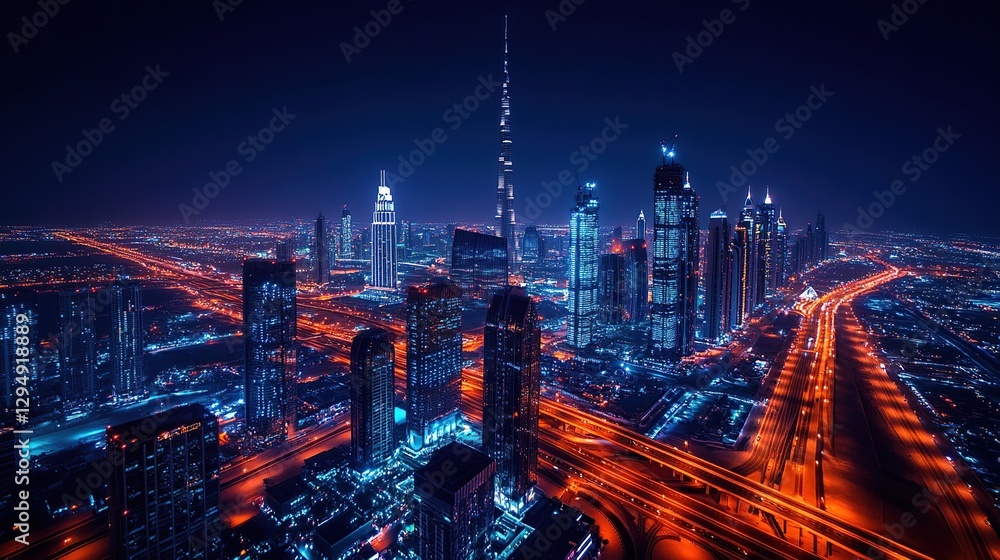 Obraz premium Night City Skyline Aerial View with Bright Lights and Modern Architecture