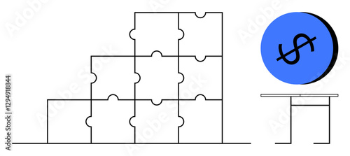 Blocks forming a step pyramid structure, adjacent to a table holding a blue dollar coin. Ideal for finance, strategy, planning, teamwork, problem-solving, investment organization. Abstract line flat