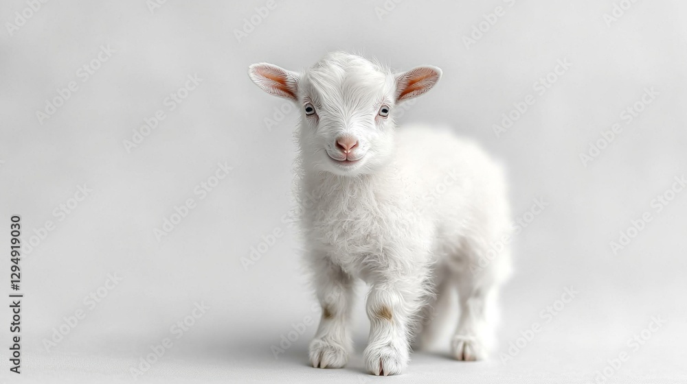 baby goat stands confidently on white background its fluffy white fur and tiny horns highlighting its playful nature as it readies itself leap. baby goat stands confidently on white background its fluffy white fur and tiny horns highlighting its playful nature as it readies itself leap.