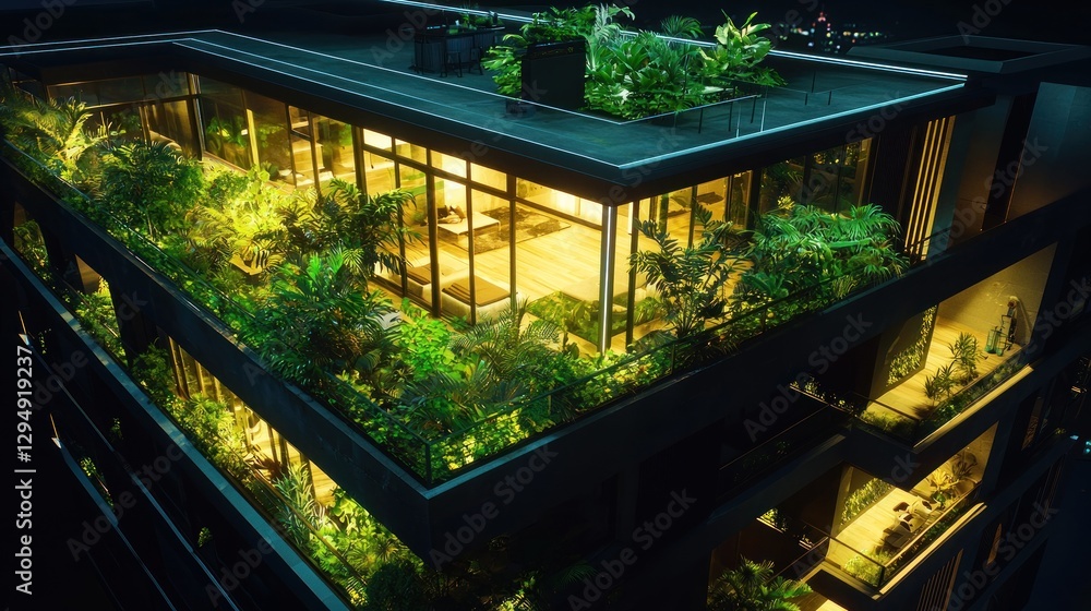Lush rooftop garden at night, illuminated apartment building. Lush rooftop garden at night, illuminated apartment building.