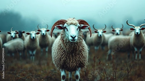 Majestic ram leads flock, foggy pasture, autumn