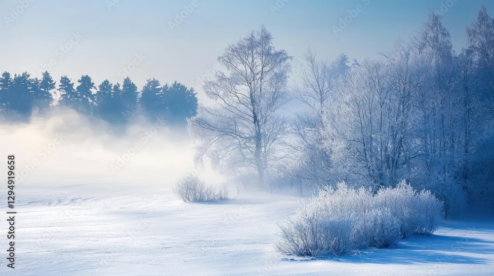 Frosty winter landscape with fog and snow-covered trees. Frosty winter landscape with fog and snow-covered trees.