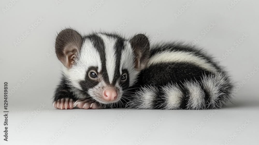 Fototapeta premium Curled up on soft white surface baby striped skunk displays its vibrant black and white markings while fluffing its tiny tail defensively.