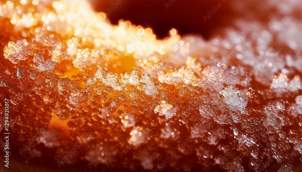 Fototapeta premium Ultra macro of sugar crystals on a freshly baked donut, sparkling in warm light, highlighting their intricate structure and adding a delicious, mouthwatering texture.