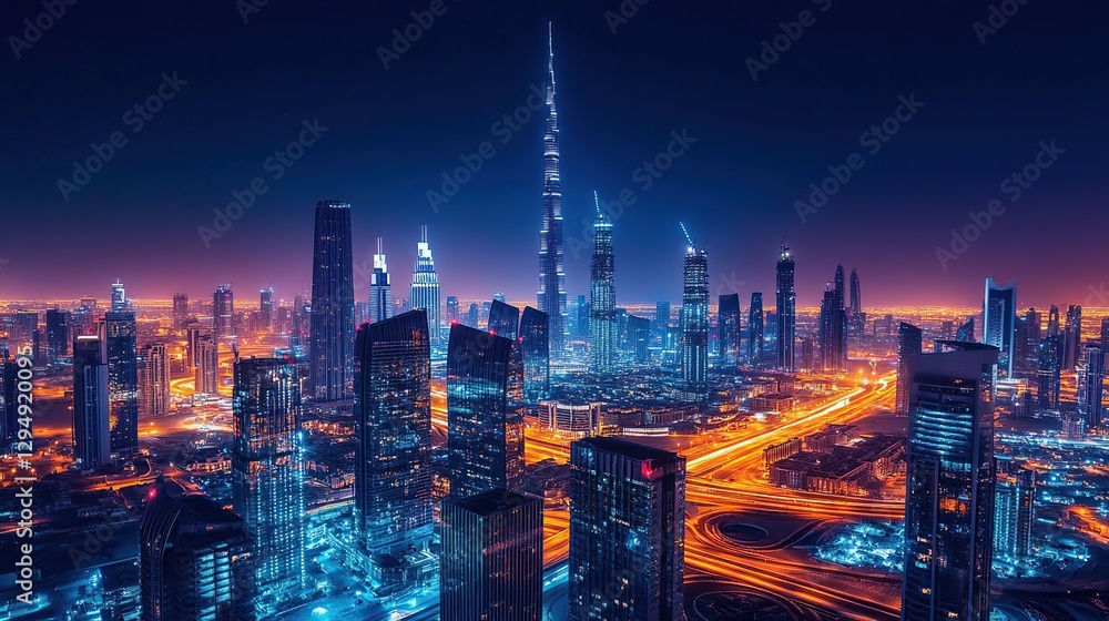 custom made wallpaper toronto digitalNight View of Illuminated City Skyline with Tall Buildings