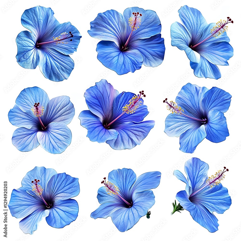 Blue hibiscus flowers, with vibrant petals and smooth textures, arranged in a neat collection The flowers are isolated on white background Blue hibiscus flowers, with vibrant petals and smooth textures, arranged in a neat collection The flowers are isolated on white background