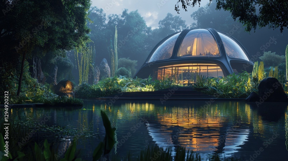 Fototapeta premium Futuristic dome house nestled in lush forest, reflecting on calm lake at twilight.