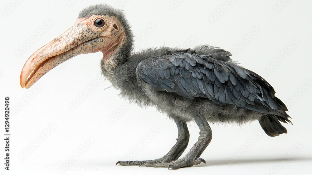Obraz premium young shoebill stork stands in studio its soft gray downy feathers slightly ruffled. tilted head its oversized beak adds playful charm its curious demeanor.