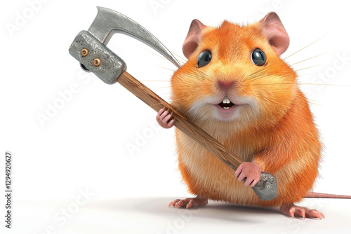 Mining little mouse. Happy ginger hamster holds pickaxe in its hands paws. Funny cartoon mascot for industry and construction business on white background