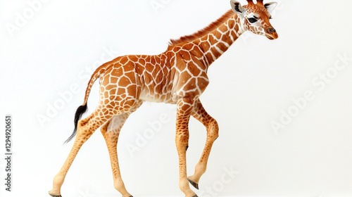 tiny baby giraffe tries maintain balance its long legs wobbling slightly. Its soft golden fur features dark brown patches and large sleepy eyes.