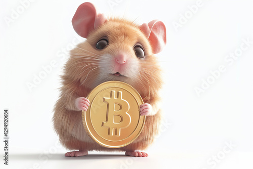 ginger hamster joyfully hugs large coin and smiles on white background. Little mouse as Character mascot for crypto currency, exchange, money, investments, wallet, banking online
