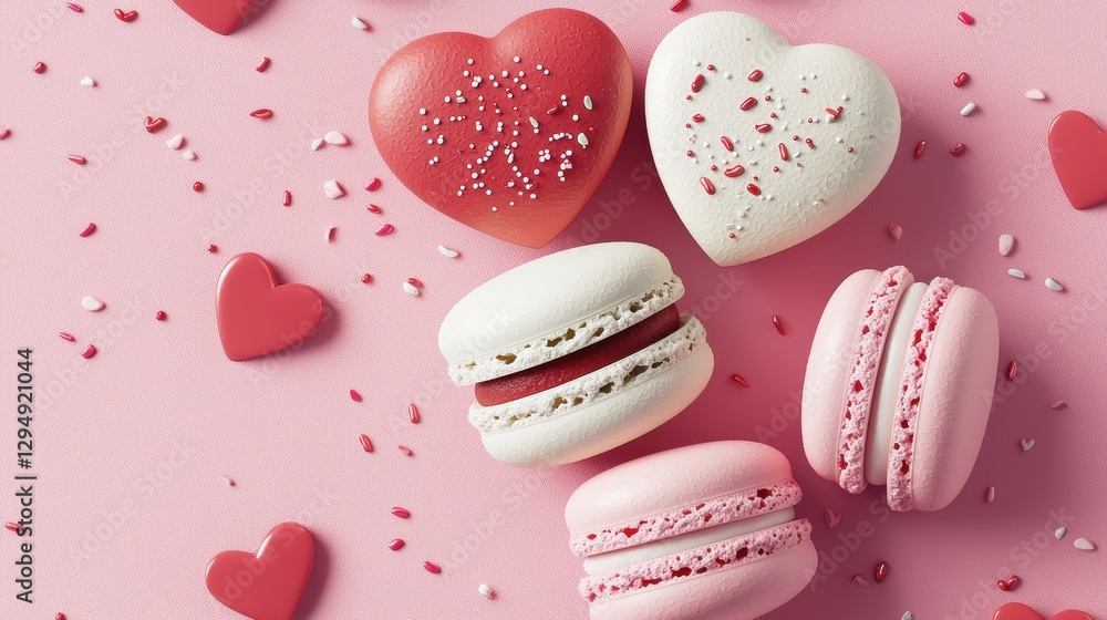 Delightful heart-shaped macarons for valentine's day sweet treats pink background playful atmosphere