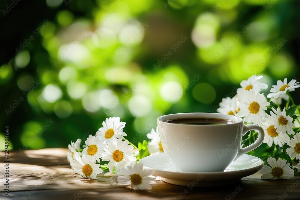 A delightful spring drink displayed in a white cup, complemented by fresh daisies, set against a lush green backdrop that evokes a natural, airy feel A delightful spring drink displayed in a white cup, complemented by fresh daisies, set against a lush green backdrop that evokes a natural, airy feel
