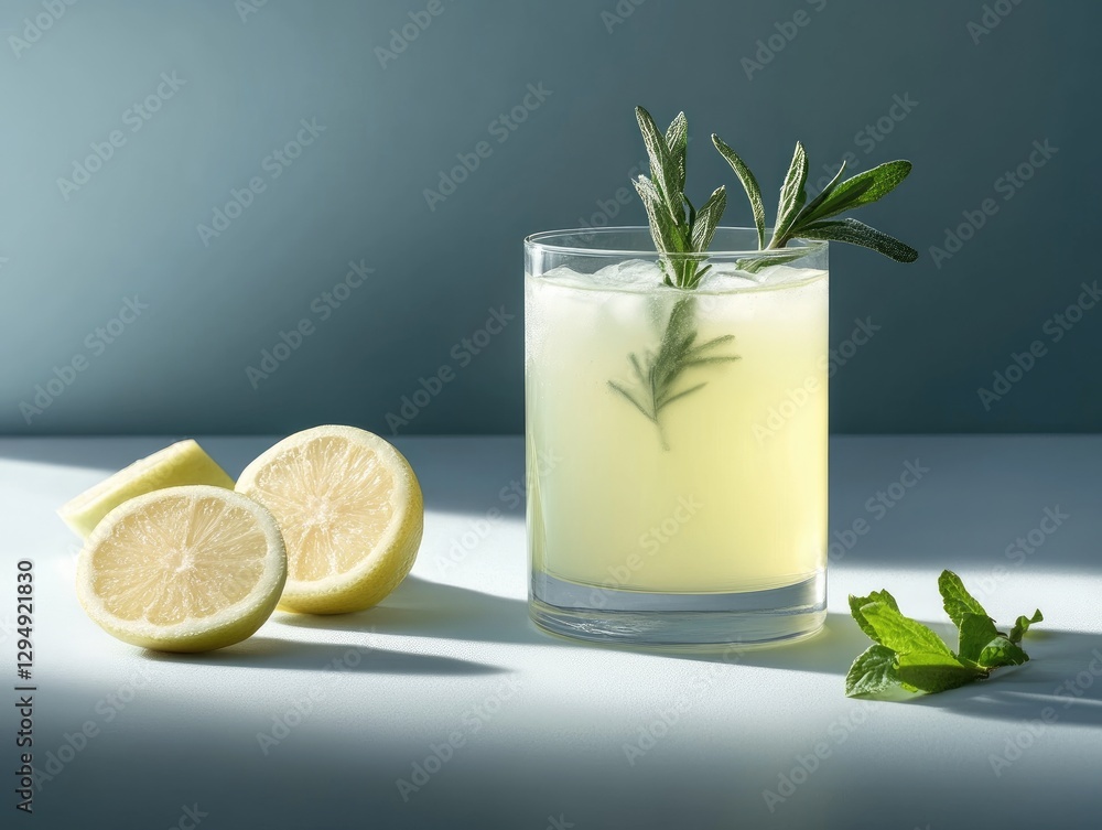 Fototapeta premium A delicious spring drink combines fresh citrus and mint with herbal elements, served over ice, embodying the essence of springtime refreshment