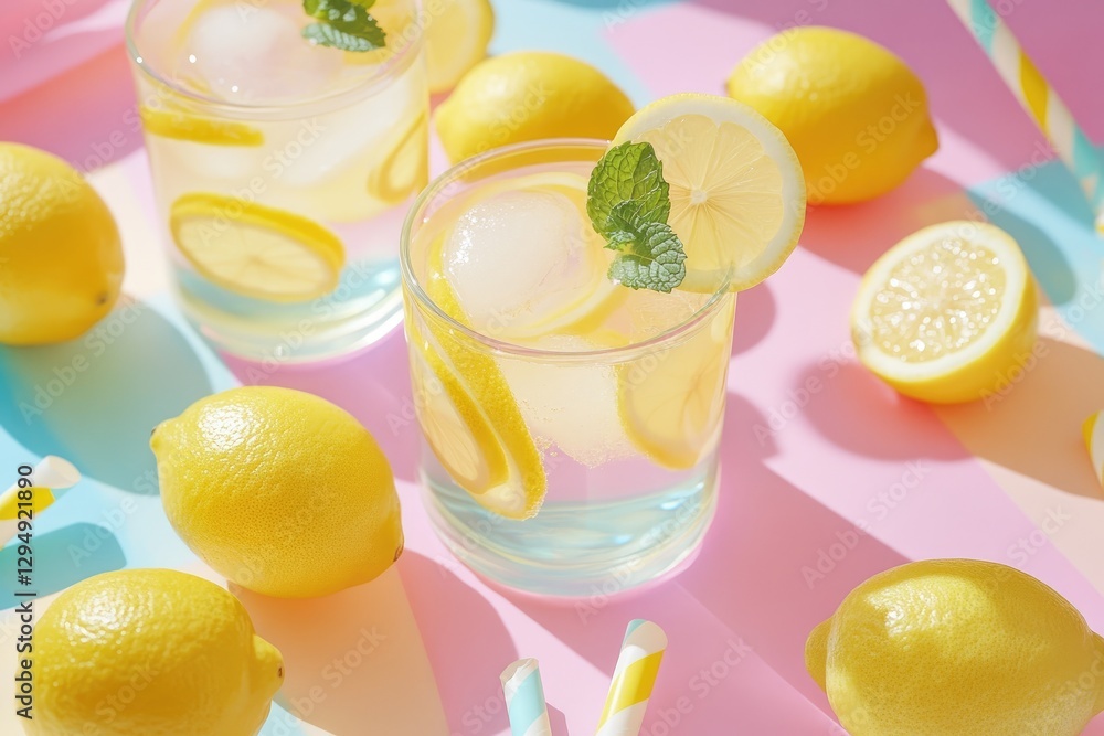 Bright and refreshing drinks featuring lemon slices and mint leaves are served in clear glasses, surrounded by fresh lemons on a pastel background, perfect for spring Bright and refreshing drinks featuring lemon slices and mint leaves are served in clear glasses, surrounded by fresh lemons on a pastel background, perfect for spring