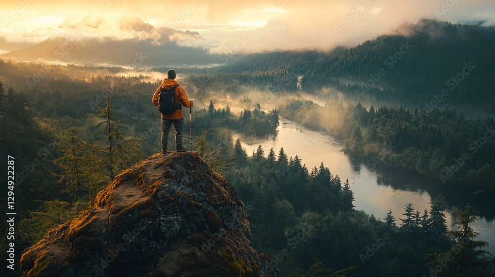 Obraz premium Serene Hiker Overlooking Misty Mountain Landscape