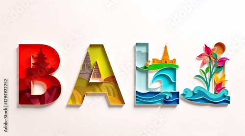 Vibrant illustration of the word Bali with cultural landmarks and nature elements on white background