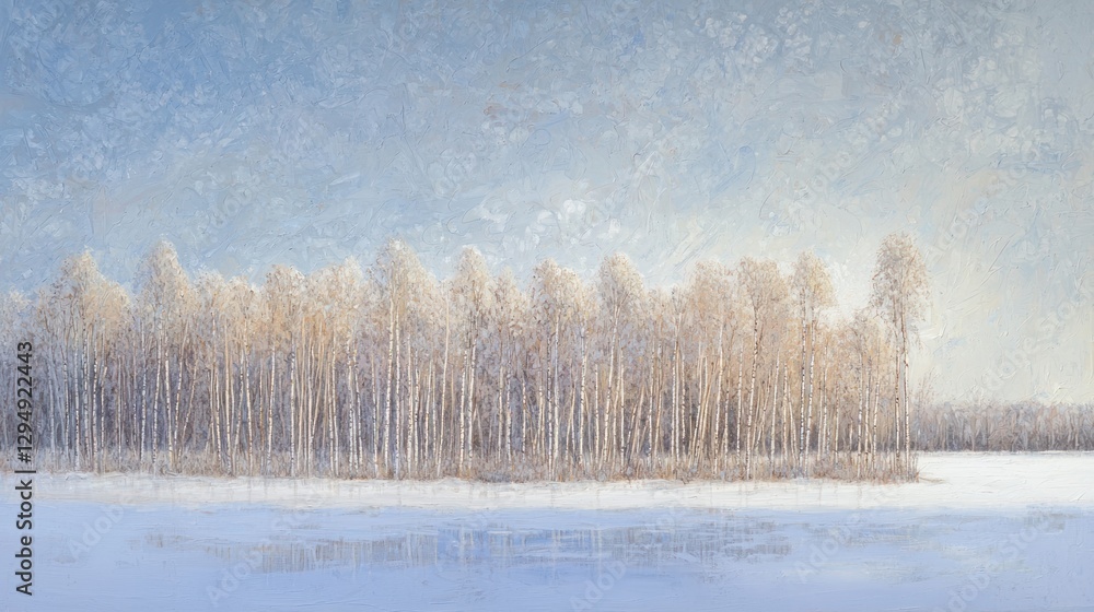Winter landscape with snow-covered trees reflected in a frozen lake under a pale blue sky. Winter landscape with snow-covered trees reflected in a frozen lake under a pale blue sky.