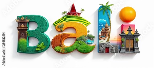 Colorful illustration of the word Bali with iconic landmarks and symbols on white background