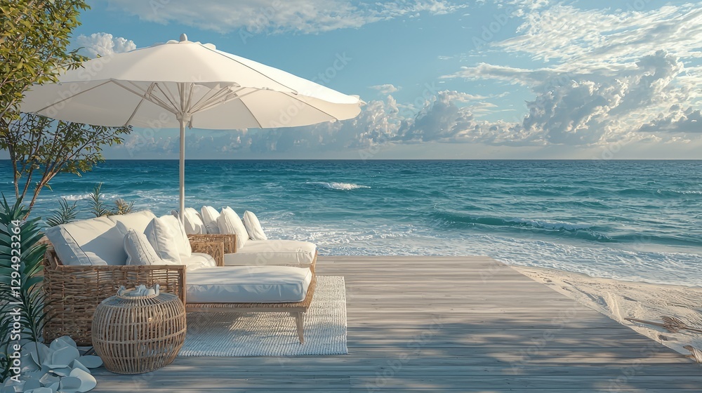 Obraz premium Cozy Beachside Retreat with Sun Lounger and Ocean View