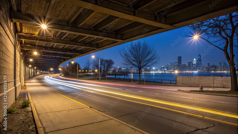 Underpass highway with streaks of light from passing vehicles, captured with a long exposure. Underpass highway with streaks of light from passing vehicles, captured with a long exposure.