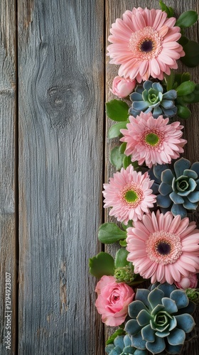 Botanical harmony pink blooms and succulents on rustic wood