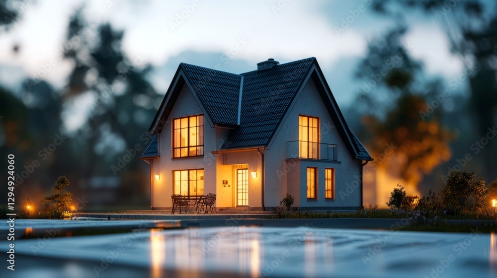 Cozy Modern House with Warm Lights at Twilight Cozy Modern House with Warm Lights at Twilight