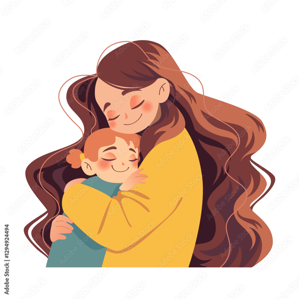 Fototapeta premium Woman embracing her child. Beautiful Mother and daughter. Colorful illustration isolated. Warm and emotional composition, perfect for greeting cards, posters, and digital designs