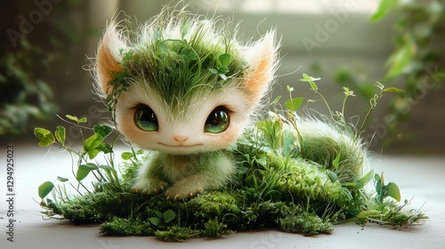 baby forest dragon rests peacefully on white surface. Its intricate green scales mimic delicate leaves while soft moss adorns its tiny horns and vines wrap gently around its small feet.