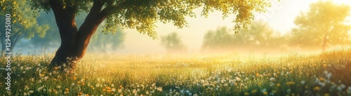Beautiful summer landscape with trees at sunrise.