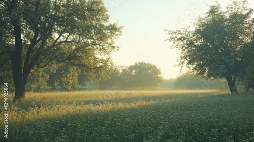 Beautiful summer landscape with trees at sunrise.