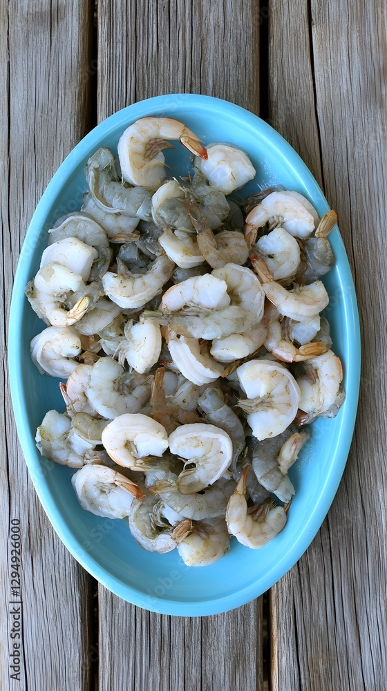Fototapeta premium Fresh Shrimp on Blue Plate Seafood Dish Overhead